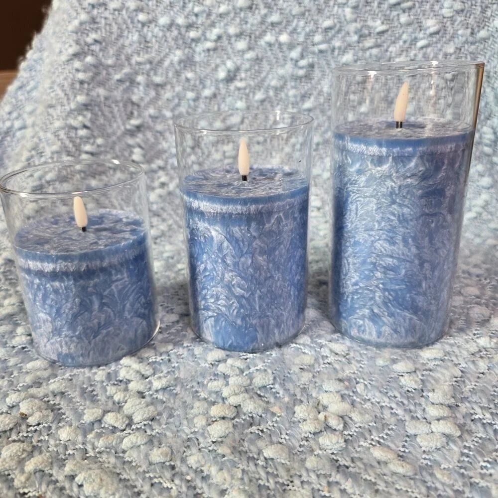 Living Embossed Blue Christmas Holiday 3-Piece LED Candle‎ Set E2